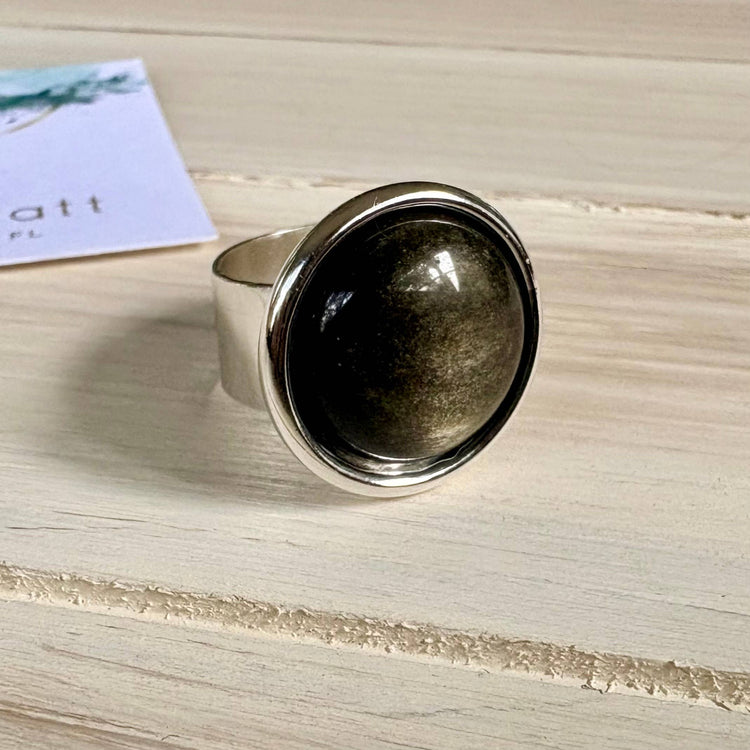 Midnight Sun Golden Sheen Obsidian Gemstone Statement Ring
