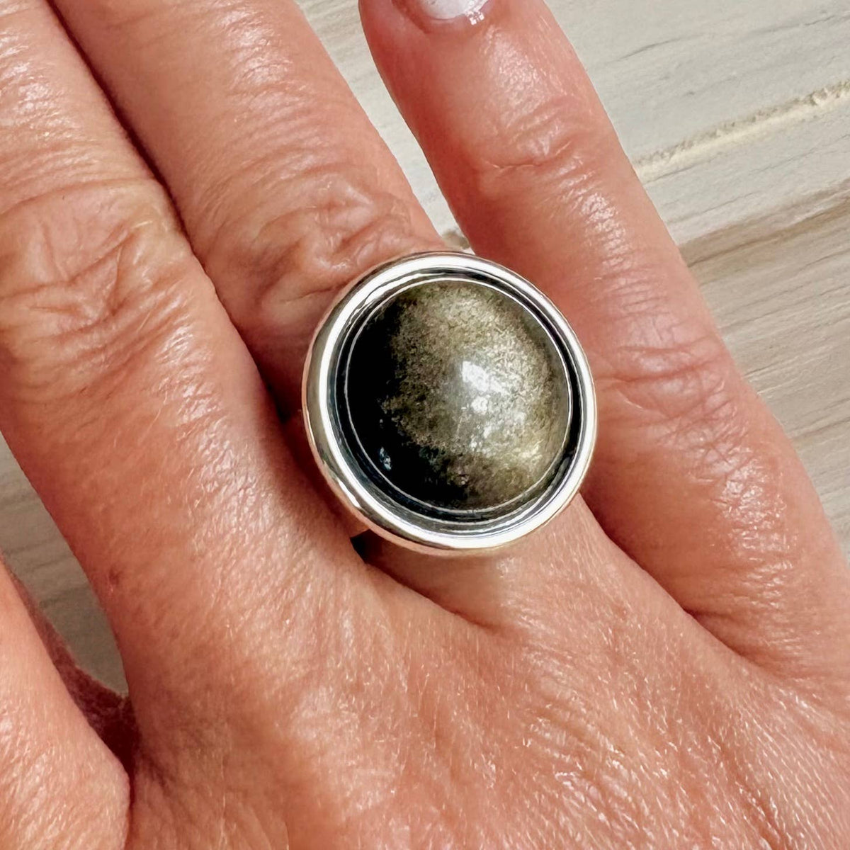 Midnight Sun Golden Sheen Obsidian Gemstone Statement Ring