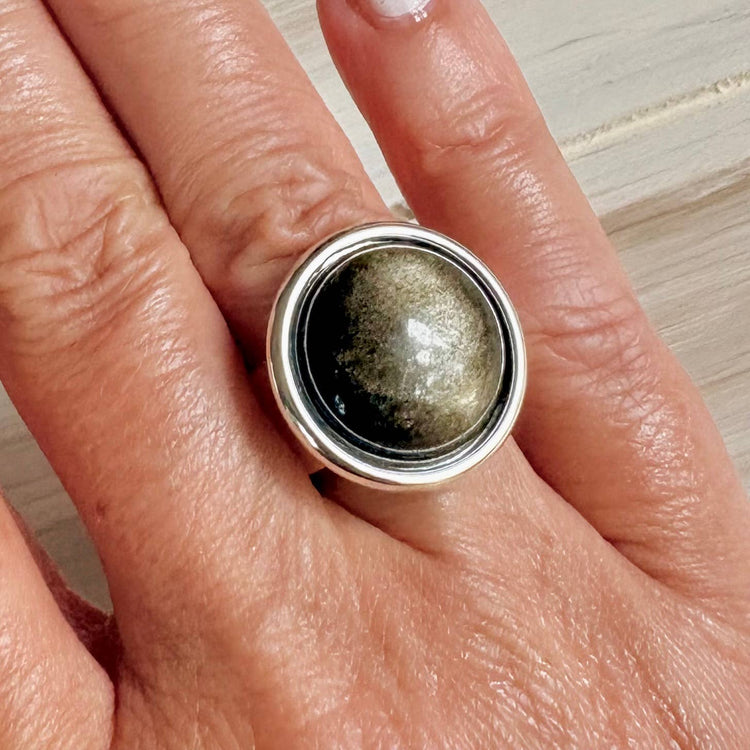 Midnight Sun Golden Sheen Obsidian Gemstone Statement Ring