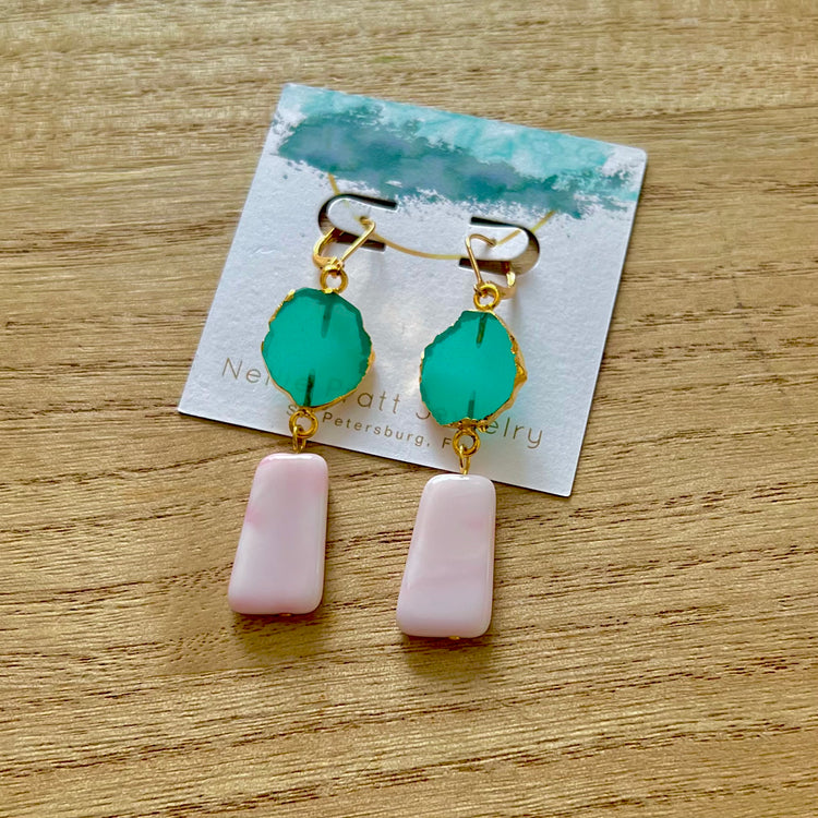 Ballyhoo statement pink and green dangle earrings