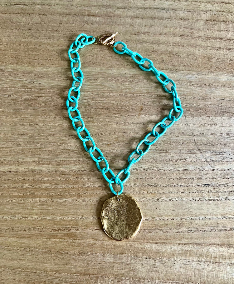 Stay Salty Turquoise Aluminum Chain & Antique Gold Medallion Necklace