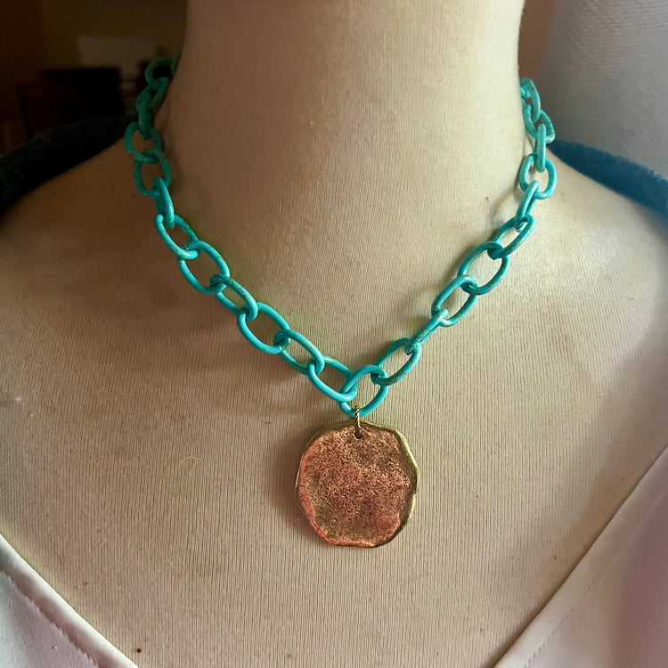 Stay Salty Turquoise Aluminum Chain & Antique Gold Medallion Necklace