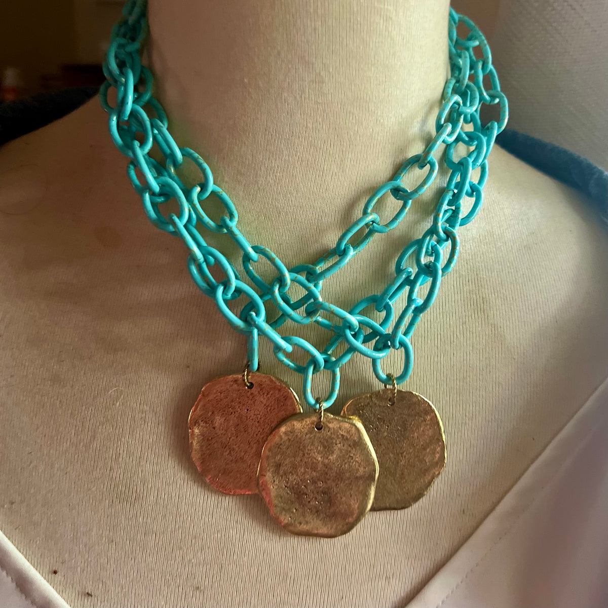 Stay Salty Turquoise Aluminum Chain & Antique Gold Medallion Necklace