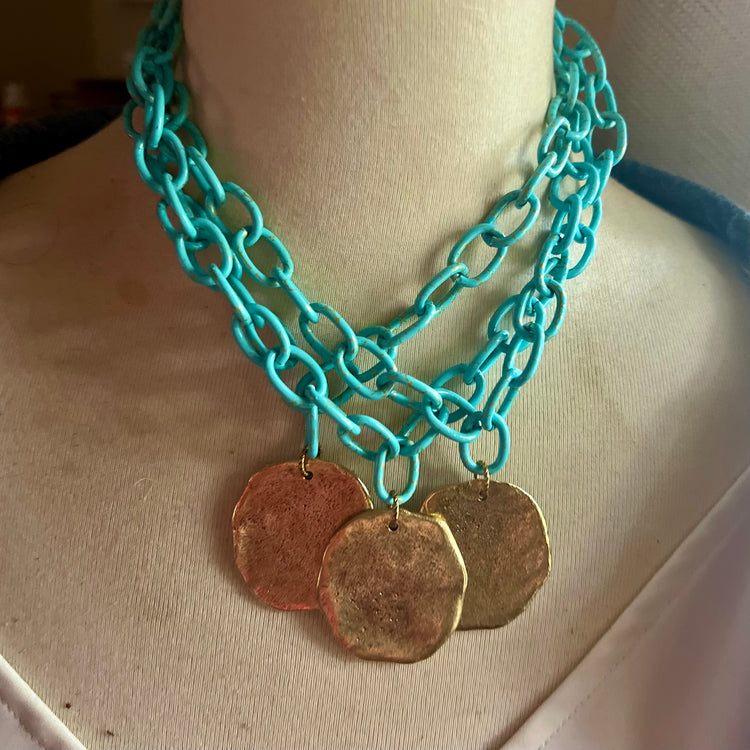 Stay Salty Turquoise Aluminum Chain & Antique Gold Medallion Necklace