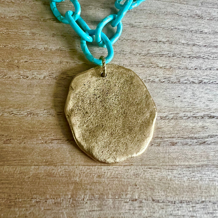 Stay Salty Turquoise Aluminum Chain & Antique Gold Medallion Necklace