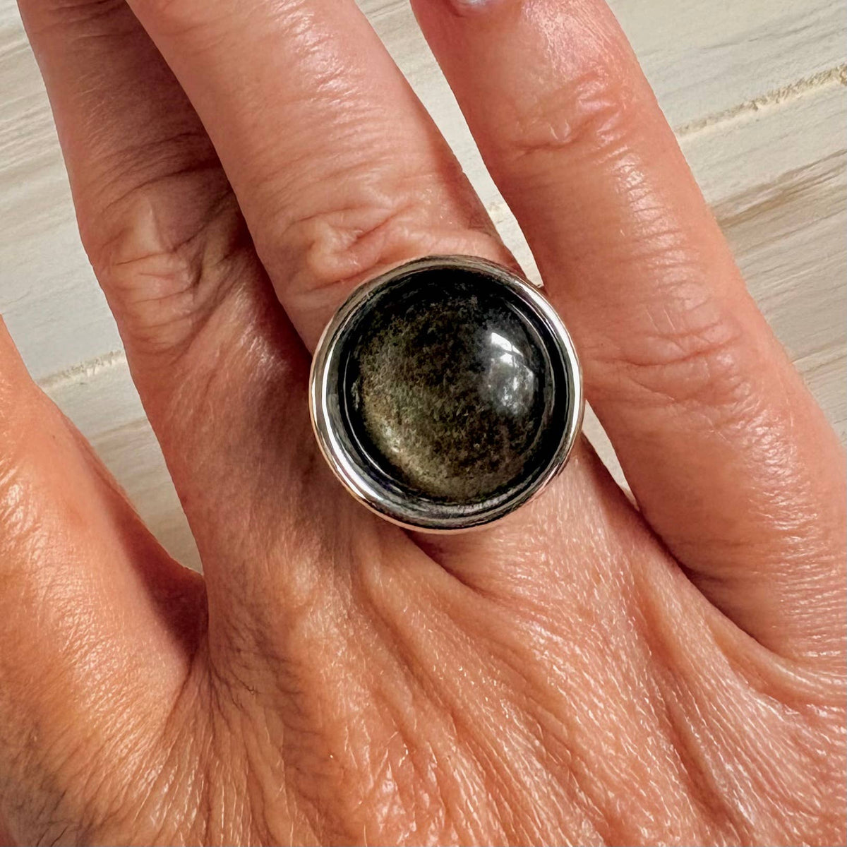 Midnight Sun Golden Sheen Obsidian Gemstone Statement Ring