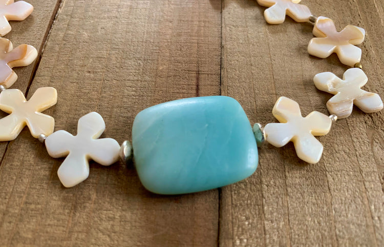 Precious Amazonite & Mother-of-Pearl Flower Necklace