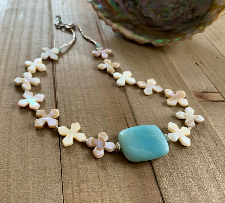 Precious Amazonite & Mother-of-Pearl Flower Necklace