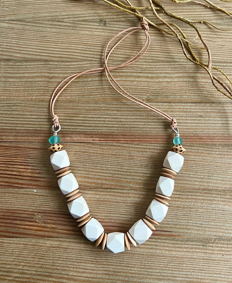 Best Life fair trade wood fair trade bone recycled glass, leather summer necklace