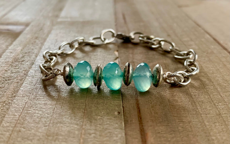 Ocean Hues aqua chalcedony gemstone silver chain bracelet