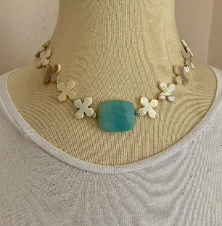 Precious Amazonite & Mother-of-Pearl Flower Necklace