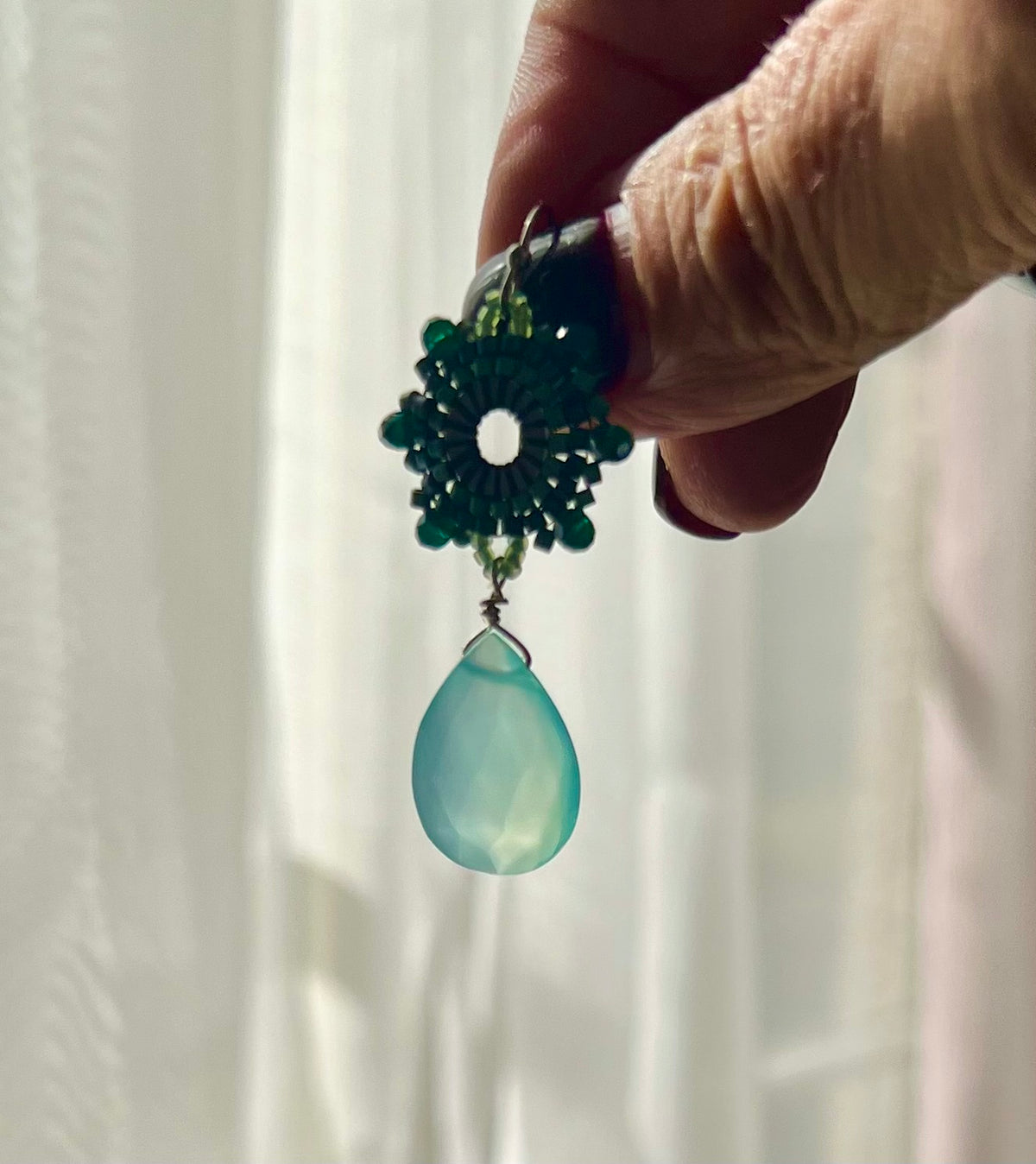 Chilled Seed Bead Flower & Aqua Chalcedony Dangle Earrings
