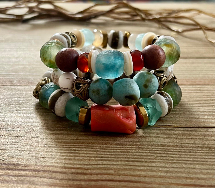 Vibe Check boho fair trade gemstone and wood triple stack bracelet set of 3