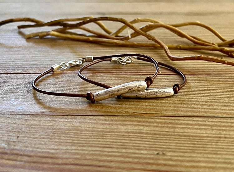 Plain Jane organic tube bead and copper leather simple bracelet