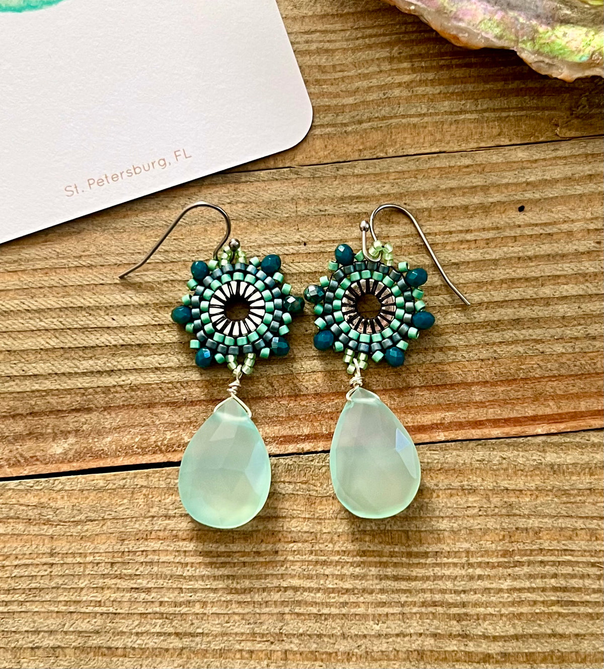 Chilled Seed Bead Flower & Aqua Chalcedony Dangle Earrings