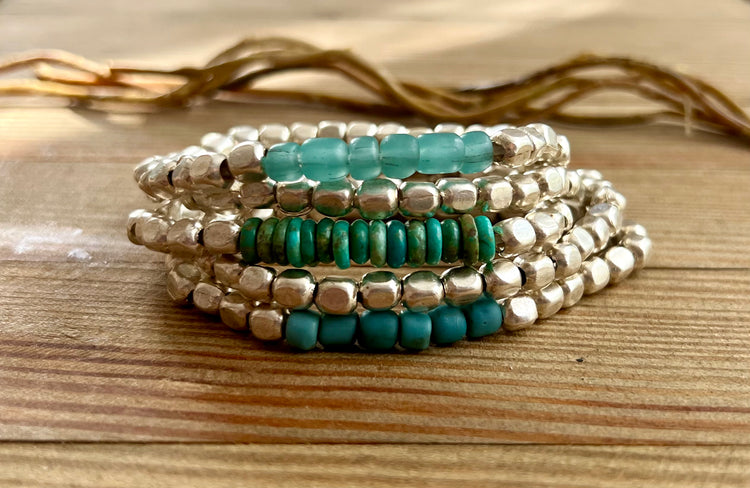 Rock the Bells fair trade silver and turquoise stack bracelet set of 5