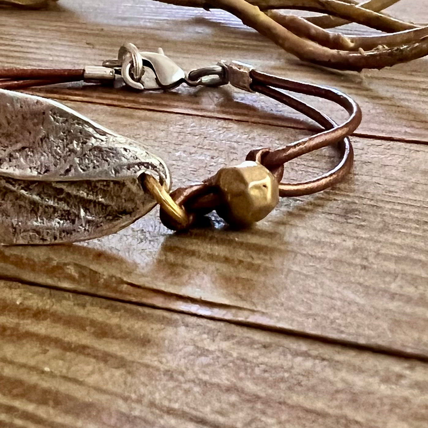 Peacemaker Antique Silver-Plated Leaf & Leather Bracelet