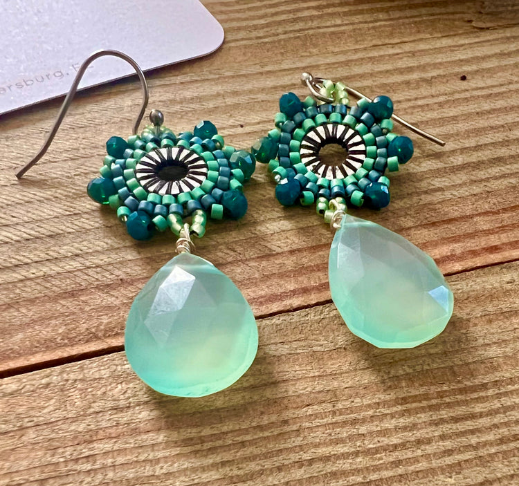 Chilled aqua chalcedony gemstone seed bead dangle earrings