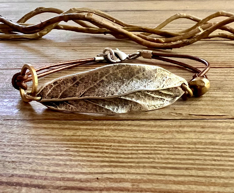 Peacemaker Antique Silver-Plated Leaf & Leather Bracelet