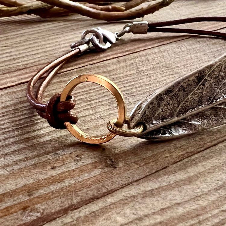 Peacemaker Antique Silver-Plated Leaf & Leather Bracelet