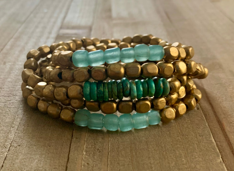 Here's The Skinny fair trade brass and turquoise bracelet stack set of 5